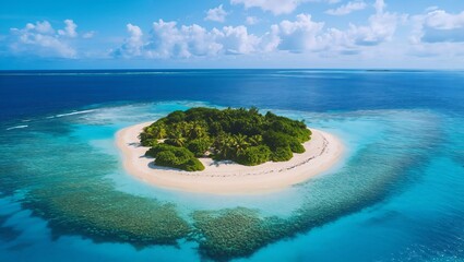 Discover the Alluring Beauty of a Tropical Paradise: Lush Green Island Surrounded by Crystal-Clear Blue Waters and a Serene Beach Under a Vast Sky with Fluffy Clouds.