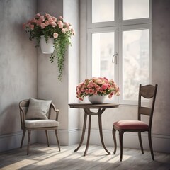 a real render 3D, creative, modern and elegant beauty texture pattern on the wall, chair with flowers on a table