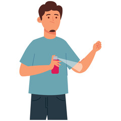 man sprays mosquito repellent