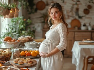 Middleaged pregnant woman having a healthy breakfa  068 woman, food, kitchen, cooking, diet, home, breakfast, healthy, eating, fruit, meal, beauty, pregnancy, person, people, vegetables, fresh, vegeta