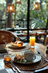 Elegant breakfast delights  capturing stylish morning moments in a trendy restaurant