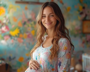 Fototapeta premium Middleaged pregnant woman painting a nursery cheer 031 woman, child, paint, wall, people, painting, graffiti, fashion, boy, color, colorful, kid, person, beauty, art, smiling, smile, fun, artist, hai