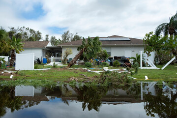 Uprooted palm tree after hurricane on Florida home front yard. Aftermath of natural disaster concept