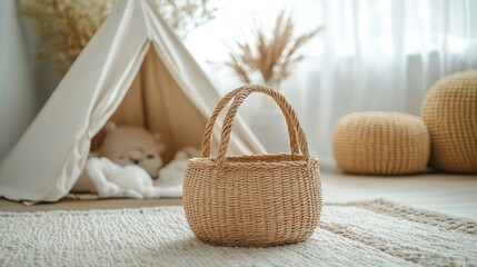 Obraz premium Simple and cozy children's room with small tents, baskets, toys and a warm atmosphere