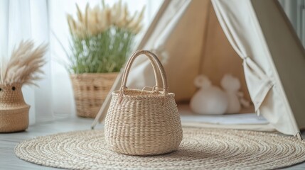 Fototapeta premium Simple and cozy children's room with small tents, baskets, toys and a warm atmosphere