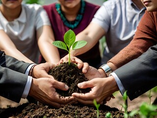 business people planting and protecting small shoots by hand, collection of business people holding small shoots