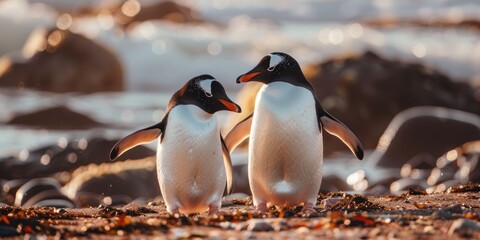 Gentoo and Adelie Penguins on Brown Bluff Beach in Antarctica