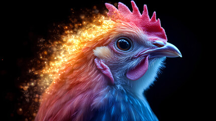 chicken, the head of a chicken in a multi-colored flame. Abstract multicolored profile portrait of a chicken head on a black background