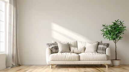 A sofa plaid pillows drapes and a plant are features of a stylish room decor