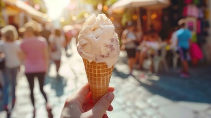 Summertime treat, delicious ice cream cone in hand
