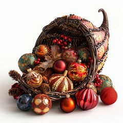 Christmas Ornaments in a Horn of Plenty.