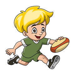 Cute boy cartoon playing rugby