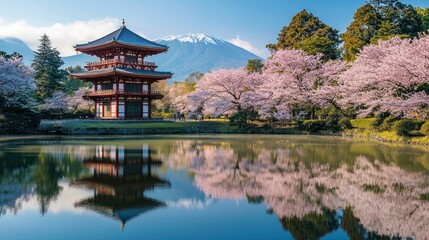 Fototapeta premium Japanese Pagoda and Cherry Blossoms