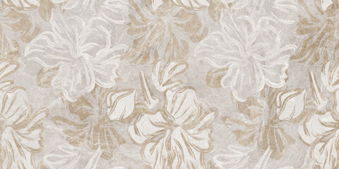 The image features a textured floral pattern with large, abstract flowers in soft beige and white tones against a muted gray background