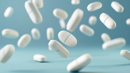 Close up of white pills flying in mid-air against a blue backgro