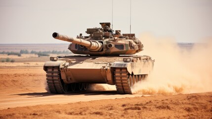 Camouflaged tank racing through desert with crew member in helmet and goggles for action scene