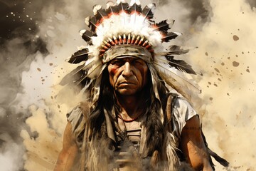 19th century watercolor  american indian warrior in traditional war paint and feathered headdress