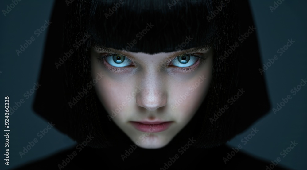 Poster mysterious hooded figure with piercing blue eyes