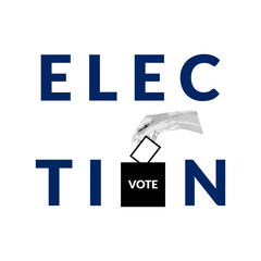 Election. Halftone collage of a womans hand lowering a ballot, a sheet of white paper into a ballot box with text Vote. Vector illustration on white backgroud