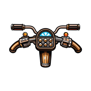 recommend clip art: Vector illustration of a motorcycle handlebar with grips, a speedometer, and other controls, isolated on a white background.
