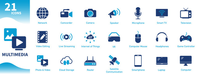 Multimedia icon. Set of social media, information technology, entertainment, internet icons. Solid vector icons.