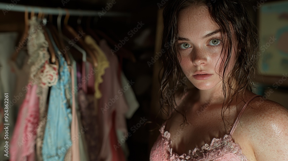 Poster Thoughtful young woman in pink lace dress