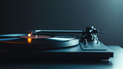 Close-up view of a vintage turntable spinning a vinyl record, highlighting its sleek design and warm sound ambiance.