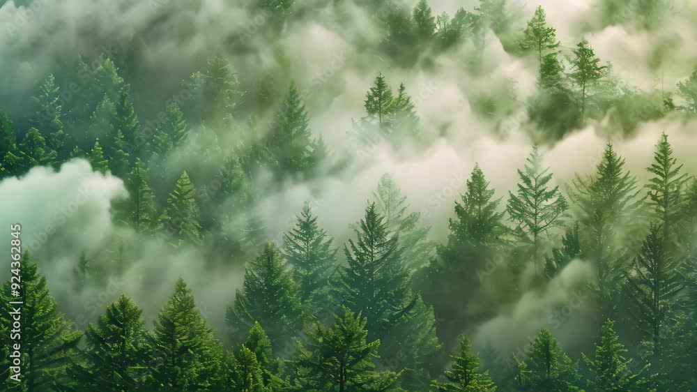 Poster thick fog enveloping numerous trees in a dense forest setting, wisps of fog weaving through a forest