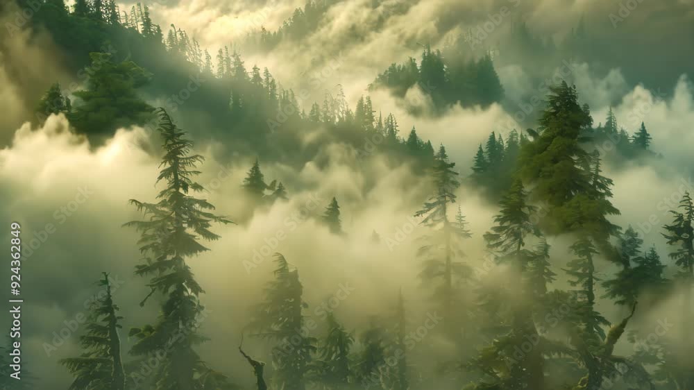Poster fog envelops a mountain with tall trees in the foreground, wisps of fog weaving through a forest of 