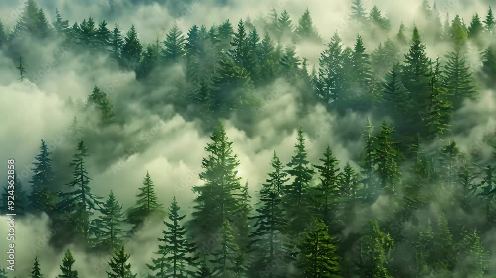 Poster a dense forest filled with towering trees covered in fog, wisps of fog weaving through a forest of t