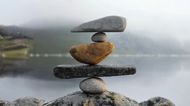 A stack of rocks on top of each other with a body of water in the background