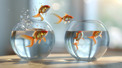 Goldfish jumping out of a bowl.