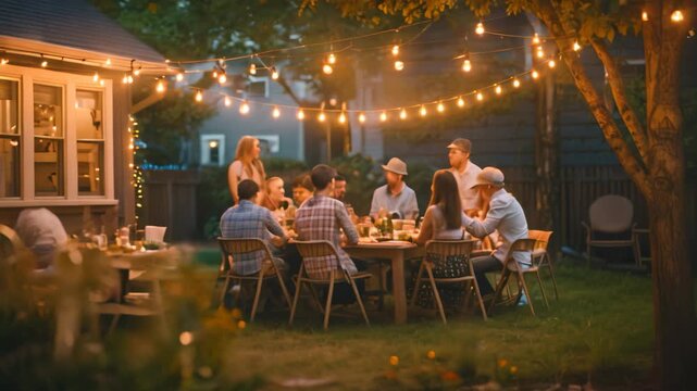 A family enjoys a barbecue dinner together in a backyard lit by string lights A backyard barbecue with extended family laughing and chatting under string lights