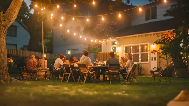A group of family members enjoy a barbecue dinner under string lights in a backyard A backyard barbecue with extended family laughing and chatting under string lights