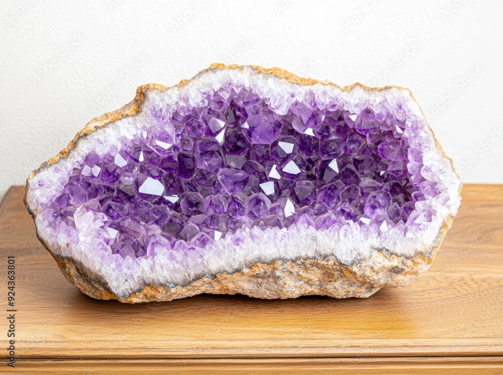 Wall mural stunning amethyst crystal geode on wooden surface