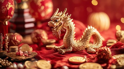 Fototapeta premium Golden Dragon with Red Decorations for Chinese New Year