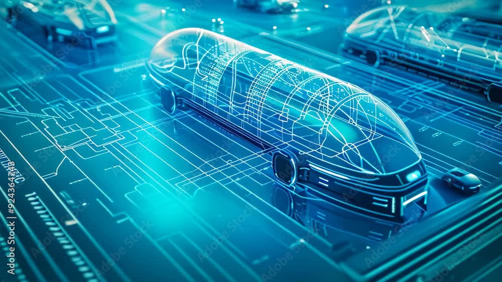 Poster a digital blueprint concept showcasing a transparent, futuristic vehicle on a grid-like surface a bl