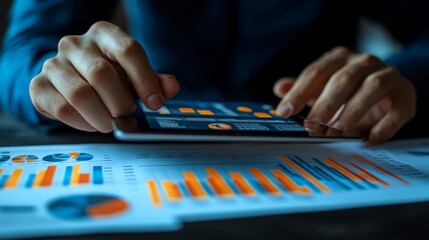 Business analytics and financial technology concept. Businessman analyzing financial graph growth chart, using digital tablet, working at office, business and financial, Generative AI