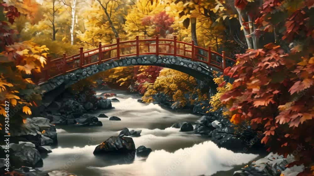 Poster a stone bridge with red railings spans a swiftly flowing stream in a forest with autumn leaves in vi