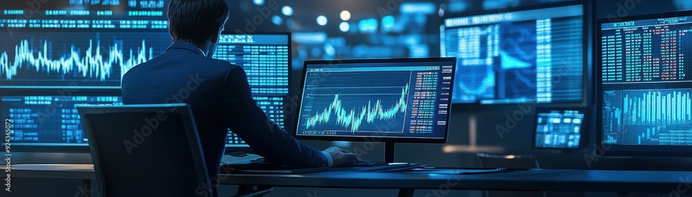 Poster a focused professional analyzing data on multiple screens in a modern office environment, showcasing