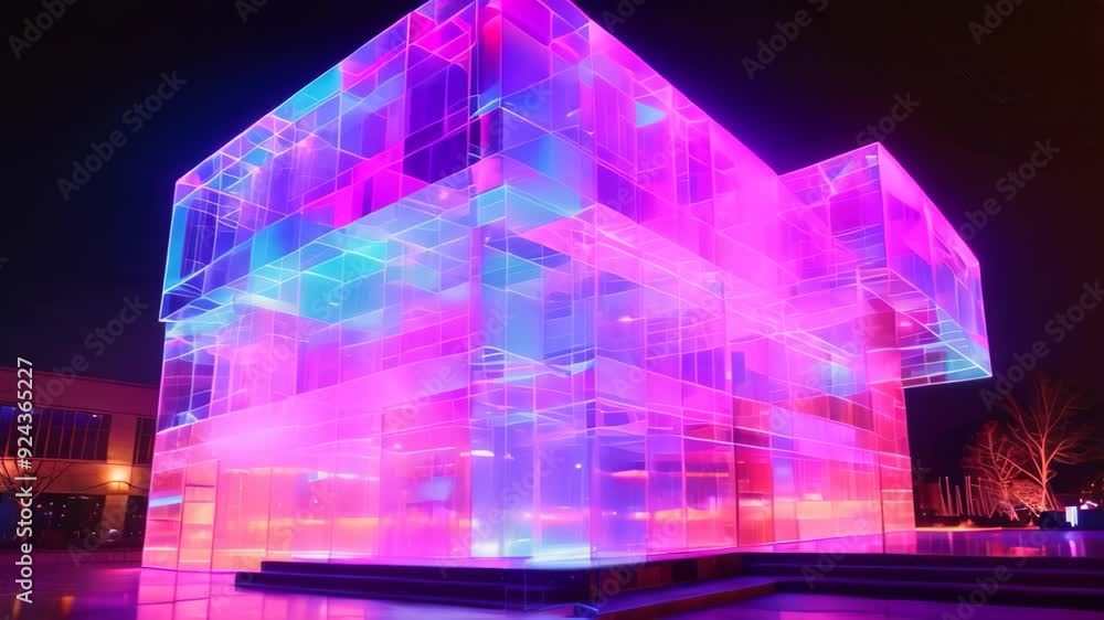 Poster a futuristic building constructed entirely of glass panels, illuminated with vibrant, pulsating led 