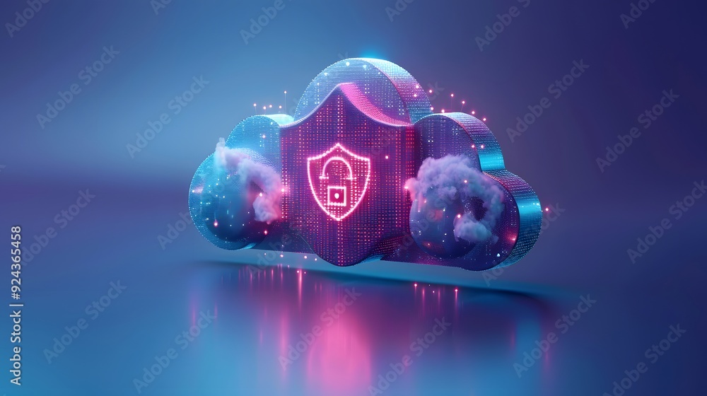 Poster 3d cloud with security shield icon, representing cloud data protection and cybersecurity in a digita