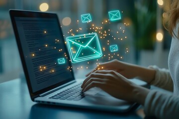 Email marketing and newsletter concept. Business woman using computer laptop and sending online message with email icon, e-mail direct marketing, global, Generative AI