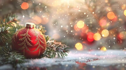 Christmas and New years eve Background. Beautiful Wide Angle Holiday Template with Christmas red ball on fir tree and highlights. Panoramic classic header Web banner with copy space for design
