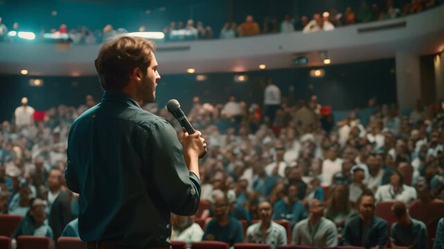A businessman speaks to a crowded theater audience, holding a microphone and facing the crowd A businessman giving a presentation in front of a large audience