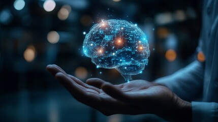 Fototapeta premium Businessman with digital brain machine learning, Business and Artificial Intelligence (AI) Automation, Predictive analytics, Customer service AI-powered, Generative AI