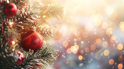 Obraz premium Christmas and New years eve Background. Beautiful Wide Angle Holiday Template with Christmas red ball on fir tree and highlights. Panoramic classic header Web banner with copy space for design