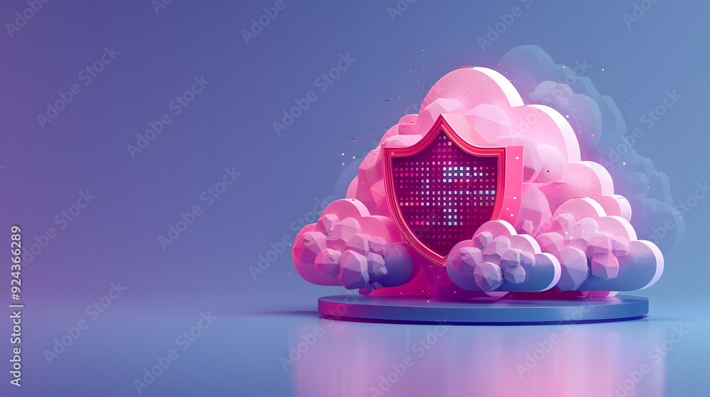 Poster 3d illustration of cloud security with a shield, symbolizing data protection in cloud computing. dig