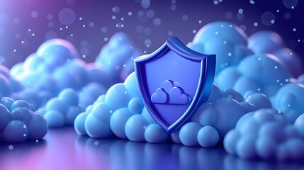 Fototapeta premium 3D illustration of cloud security concept with a shield icon among fluffy clouds in a dreamy, purple-blue atmosphere.