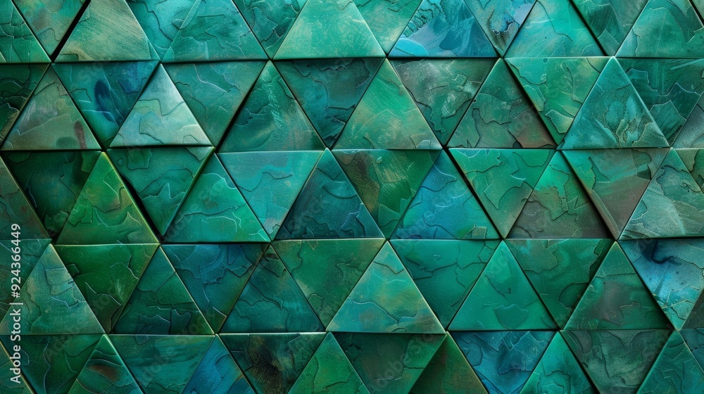 Poster a delicate pattern of interlocking triangles in shades of green and blue reminiscent of the intricat